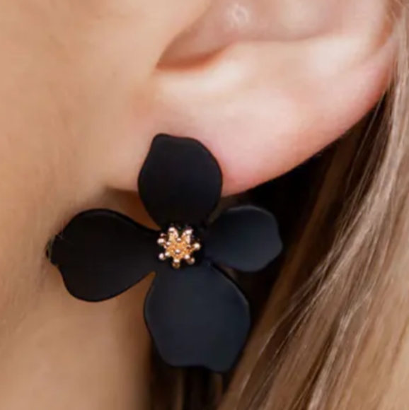 Big Black Pretty Goth Flower Earrings 3D Floral Statement Dark Gothic Flowers - Picture 3 of 3